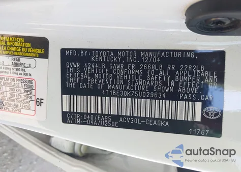 2005 Toyota Camry Xle z USA, uszkodzony, nr VIN 4T1BE30K75U029634